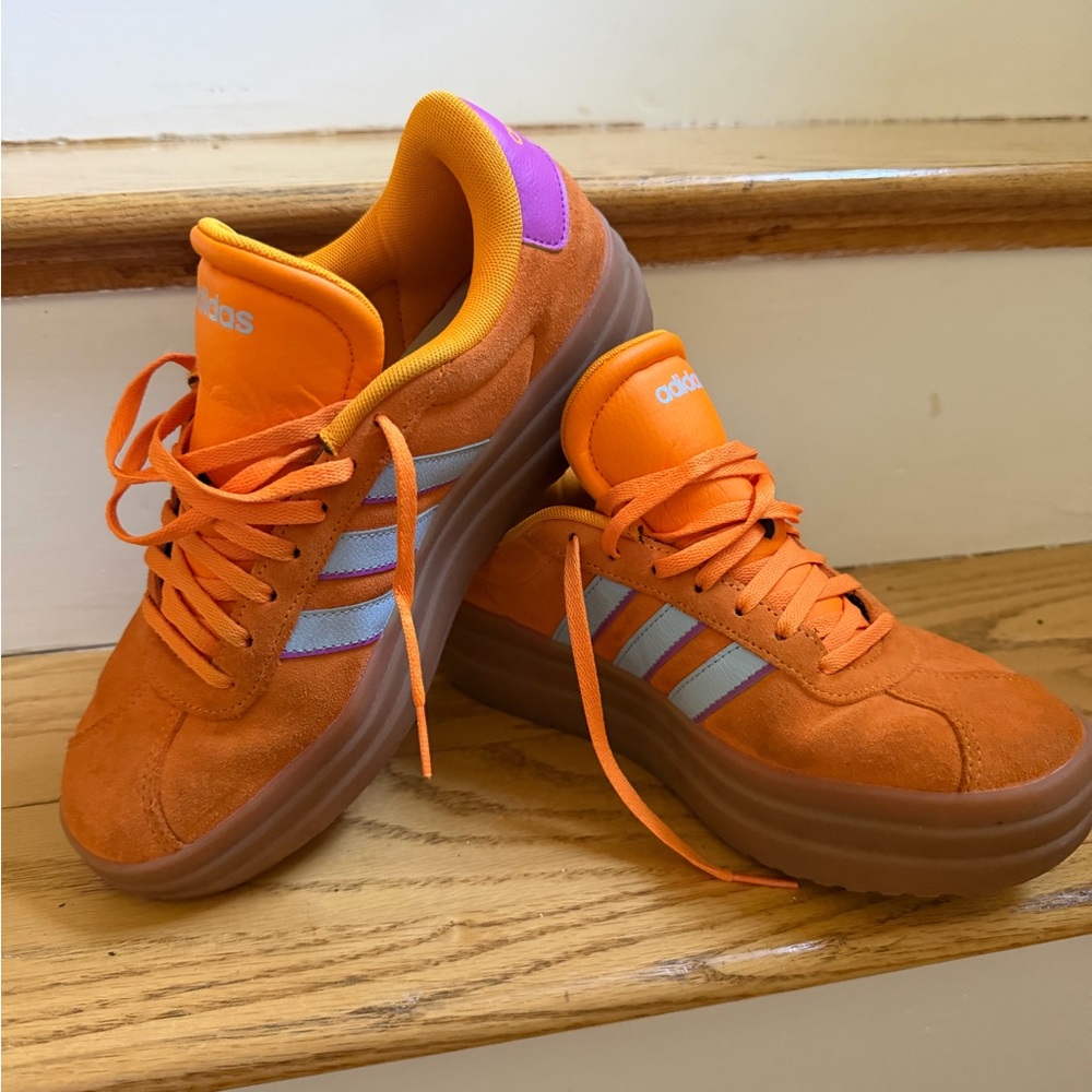 Adidas Orange Sneakers with Purple Accents size 8